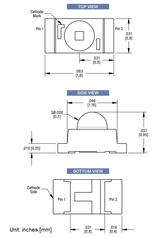 Mechanical Drawing - Dialight 599 MicroLED® Single-Color 0603 Domed Lens LEDs